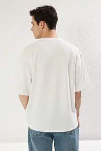 MAN Ecru Low Shoulder Regular/Comfortable Cut textured T-Shirt - Image 3