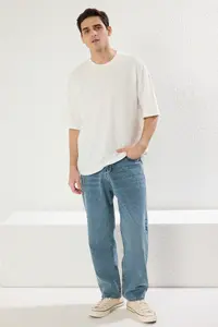 MAN Ecru Low Shoulder Regular/Comfortable Cut textured T-Shirt - Image 4