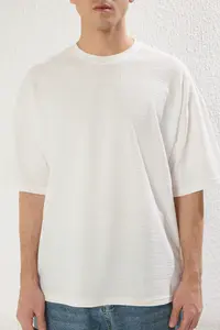 MAN Ecru Low Shoulder Regular/Comfortable Cut textured T-Shirt - Image 5