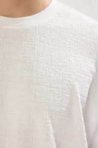 MAN Ecru Low Shoulder Regular/Comfortable Cut textured T-Shirt - Image 6