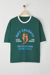 MAN Emerald Green Boxy/Square Kesim 100% Cotton Printed T-Shirt