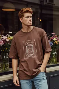 MAN Dark Brown Oversized/Wide Cut Embroidered 100% Cotton Tok Material T-Shirt - Image 2