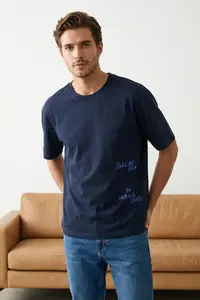 MAN Navy Blue 0versize/Wide Cut Text Printed 100% Cotton T-Shirt