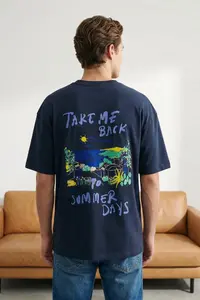 MAN Navy Blue 0versize/Wide Cut Text Printed 100% Cotton T-Shirt - Image 2