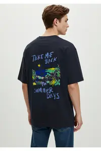 MAN Navy Blue 0versize/Wide Cut Text Printed 100% Cotton T-Shirt - Image 3