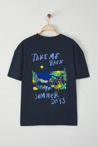 MAN Navy Blue 0versize/Wide Cut Text Printed 100% Cotton T-Shirt - Image 4