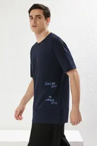 MAN Navy Blue 0versize/Wide Cut Text Printed 100% Cotton T-Shirt - Image 5