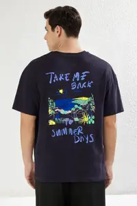 MAN Navy Blue 0versize/Wide Cut Text Printed 100% Cotton T-Shirt - Image 6