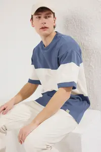 MAN Indigo Oversized/Wide Cut Color Blocked textured T-Shirt