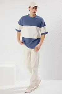 MAN Indigo Oversized/Wide Cut Color Blocked textured T-Shirt - Image 2