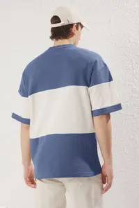 MAN Indigo Oversized/Wide Cut Color Blocked textured T-Shirt - Image 4