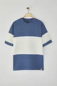 MAN Indigo Oversized/Wide Cut Color Blocked textured T-Shirt - Image 5
