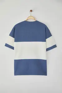 MAN Indigo Oversized/Wide Cut Color Blocked textured T-Shirt - Image 8