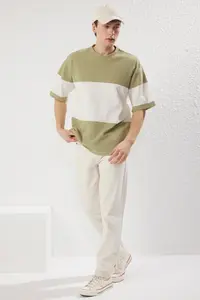 MAN Mint Oversized/Wide Cut Color Blocked textured T-Shirt