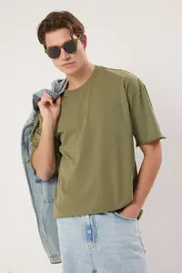MAN Khaki Oversized/Wide Cut Vintage/Washed Look 100% Cotton T-Shirt - Image 2