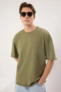 MAN Khaki Oversized/Wide Cut Vintage/Washed Look 100% Cotton T-Shirt - Image 3