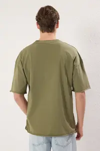 MAN Khaki Oversized/Wide Cut Vintage/Washed Look 100% Cotton T-Shirt - Image 5