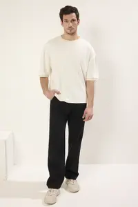 MAN Ecru Boxy Fit/Square Cut Soft Texture interlock Material T-Shirt