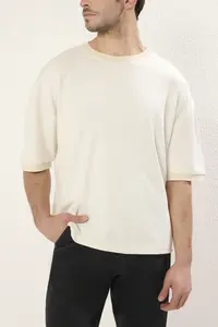 MAN Ecru Boxy Fit/Square Cut Soft Texture interlock Material T-Shirt - Image 2