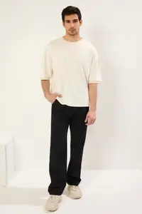 MAN Ecru Boxy Fit/Square Cut Soft Texture interlock Material T-Shirt - Image 3