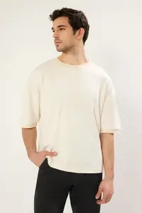 MAN Ecru Boxy Fit/Square Cut Soft Texture interlock Material T-Shirt - Image 4