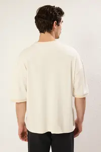 MAN Ecru Boxy Fit/Square Cut Soft Texture interlock Material T-Shirt - Image 5