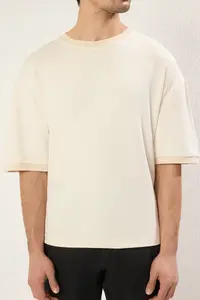 MAN Ecru Boxy Fit/Square Cut Soft Texture interlock Material T-Shirt - Image 6