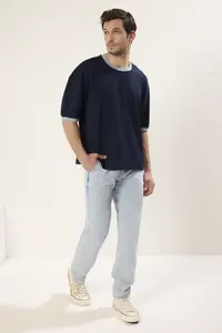 MAN Navy Blue Boxy Fit/Square Cut Soft Texture interlock Material T-Shirt