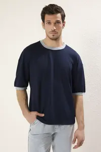 MAN Navy Blue Boxy Fit/Square Cut Soft Texture interlock Material T-Shirt - Image 2