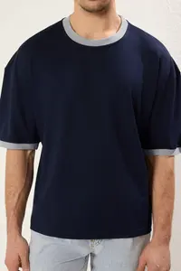 MAN Navy Blue Boxy Fit/Square Cut Soft Texture interlock Material T-Shirt - Image 4