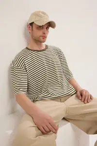 MAN Khaki-Ecru Striped Oversized/Wide Cut textured T-Shirt