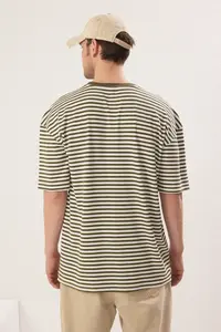 MAN Khaki-Ecru Striped Oversized/Wide Cut textured T-Shirt - Image 2