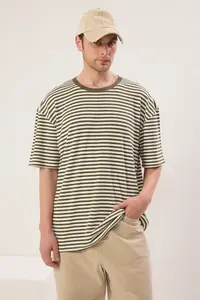 MAN Khaki-Ecru Striped Oversized/Wide Cut textured T-Shirt - Image 3