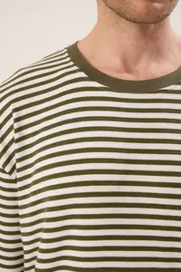 MAN Khaki-Ecru Striped Oversized/Wide Cut textured T-Shirt - Image 4