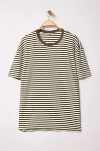MAN Khaki-Ecru Striped Oversized/Wide Cut textured T-Shirt - Image 5