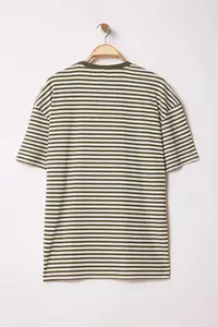 MAN Khaki-Ecru Striped Oversized/Wide Cut textured T-Shirt - Image 6