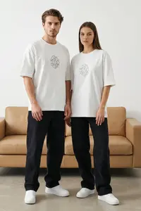 MAN Unisex Ecru Crop/Short Pattern Floral Embroidered 100% Cotton Tok Material T-Shirt