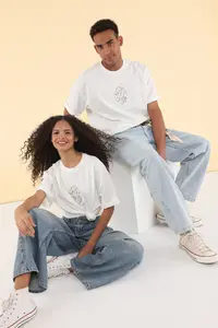 MAN Unisex Ecru Crop/Short Pattern Floral Embroidered 100% Cotton Tok Material T-Shirt - Image 3