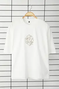 MAN Unisex Ecru Crop/Short Pattern Floral Embroidered 100% Cotton Tok Material T-Shirt - Image 8