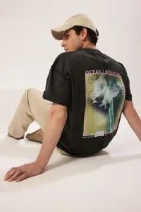 MAN Black Oversized/Wide Cut Printed T-Shirt with Stitching Detail - Image 2