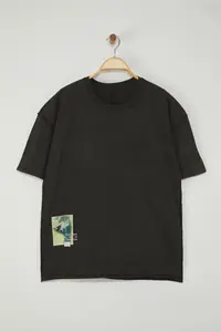 MAN Black Oversized/Wide Cut Printed T-Shirt with Stitching Detail - Image 6