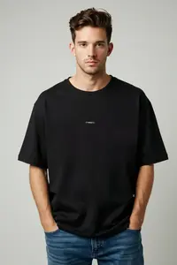 MAN Black Oversized / Wide Cut Metal Label Detailed interlock T-Shirt - Image 5