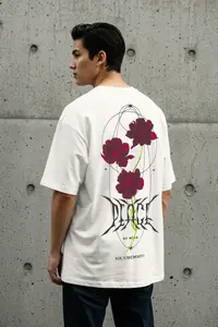 MAN Ecru Oversized/Wide Cut Floral Back Printed 100% Cotton Double Sleeve T-Shirt