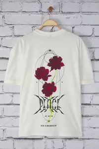 MAN Ecru Oversized/Wide Cut Floral Back Printed 100% Cotton Double Sleeve T-Shirt - Image 2