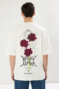 MAN Ecru Oversized/Wide Cut Floral Back Printed 100% Cotton Double Sleeve T-Shirt - Image 3