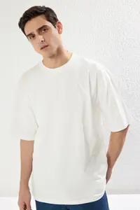 MAN Ecru Oversized/Wide Cut Floral Back Printed 100% Cotton Double Sleeve T-Shirt - Image 4