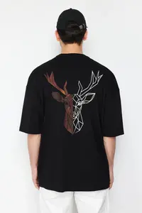MAN Black Oversized/Wide Cut Back Deer Printed 100% Cotton T-Shirt