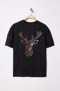 MAN Black Oversized/Wide Cut Back Deer Printed 100% Cotton T-Shirt - Image 3
