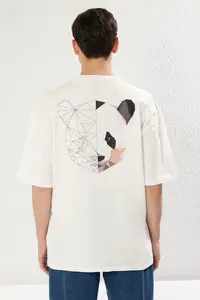 MAN Ecru Oversized/Wide Cut Back Animal Printed 100% Cotton T-Shirt - Image 4