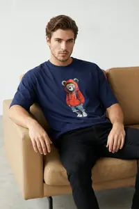 MAN Navy Blue Unisex Oversized/Wide Cut Teddy Bear Printed 100% Cotton T-Shirt - Image 2